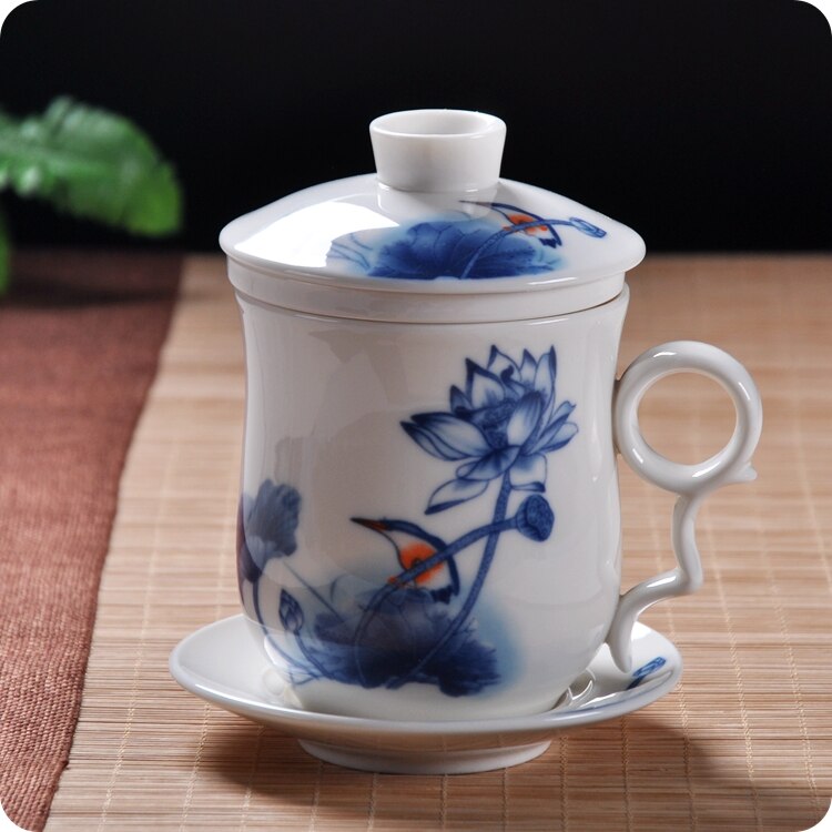 Blue and white porcelain ceramic office four-piece cup with lid including filter equipment personal lunch cup gift conference