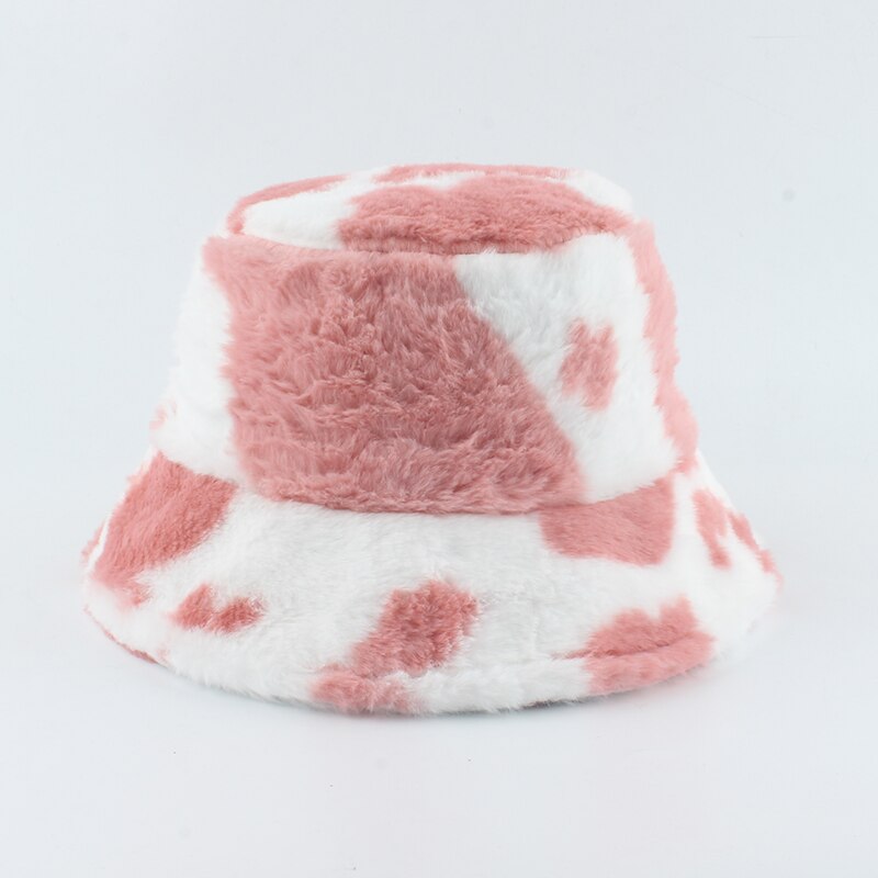 2021 New Fashion Korean Pink Cow Print Bucket Hat Faux Fur Winter Hats For Women Warm Plush Fisherman Caps