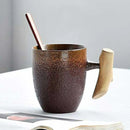 Vintage Style Cera Coffee Mug Tumbler Rust Glaze Tea Milk Water Cup with Wooden Handmade Espresso Utensils Teaware Stoneware