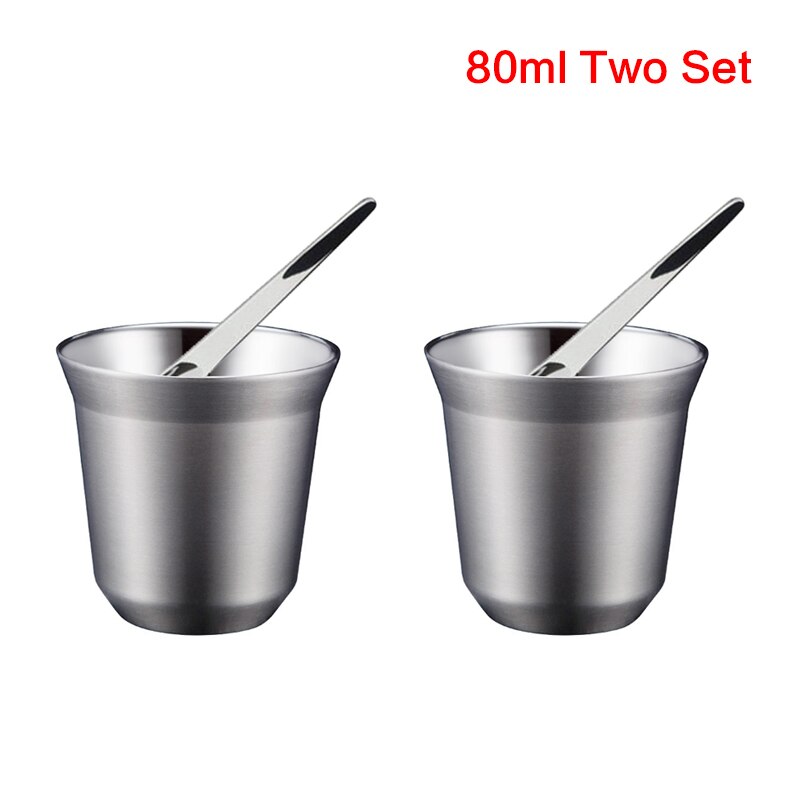 Stainless Steel Espresso Cups Set of 2 - Double Wall Insulated Metal Espresso Cups Travel Espresso Cup Glass Sets With Spoon