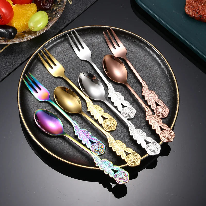 304 Stainless Steel Teaspoon with Rose Flower Handle Mini Tea Coffee Dessert Ice Cream Stirring Spoon Fork Kitchen Utensils