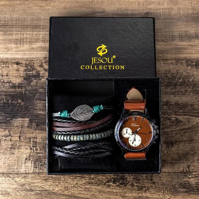Fashion Watches Set men Bussiness Steel Band Watch Quartz Sport Wristwatch With Various Woven Hand Ropes bracelet Sets Box Fast