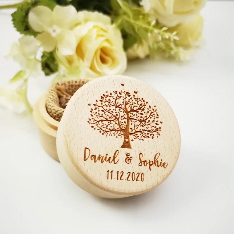 Custom Rustic Wedding Tree Wooden Ring Box Holder Anniversary Gift Personalized Wood Ring Bearer Box Jewelry Trinket Box