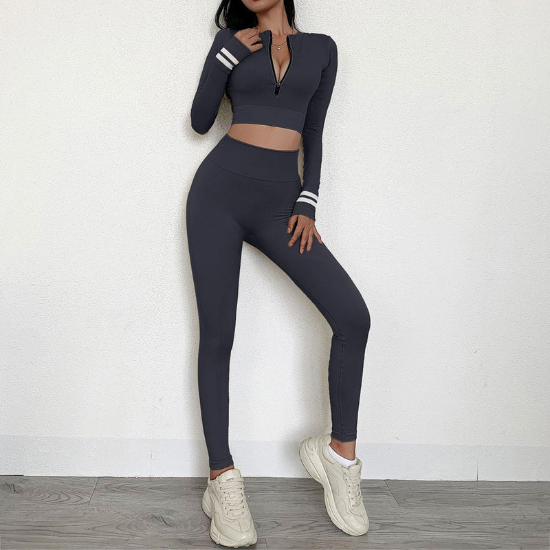 Seamless Sets Women Yoga Sets Sports Long Sleeve Suit with Zipper Coat and High Waisted Sports Pants Khaki Sets Active Wear