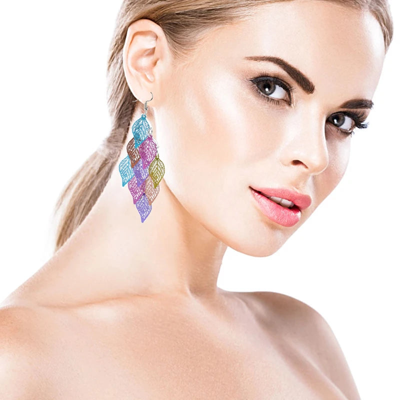 Vintage Hollow Leaves Drop Earrings for Women Bohemian Colorful Long Dangle Earrings 2024 Fashion Jewelry boucle oreille femme