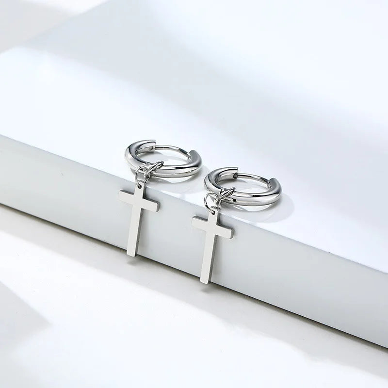 Stainless Steel Earring with Cross Charm for Guys Unisex Jewelry