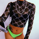 Mesh Tee Shirt Femme Sexy Long Sleeve Crop Top Chain Print T Shirt Women Streetwear Vintage Fishnet top T-shirt 2020 New Arrival