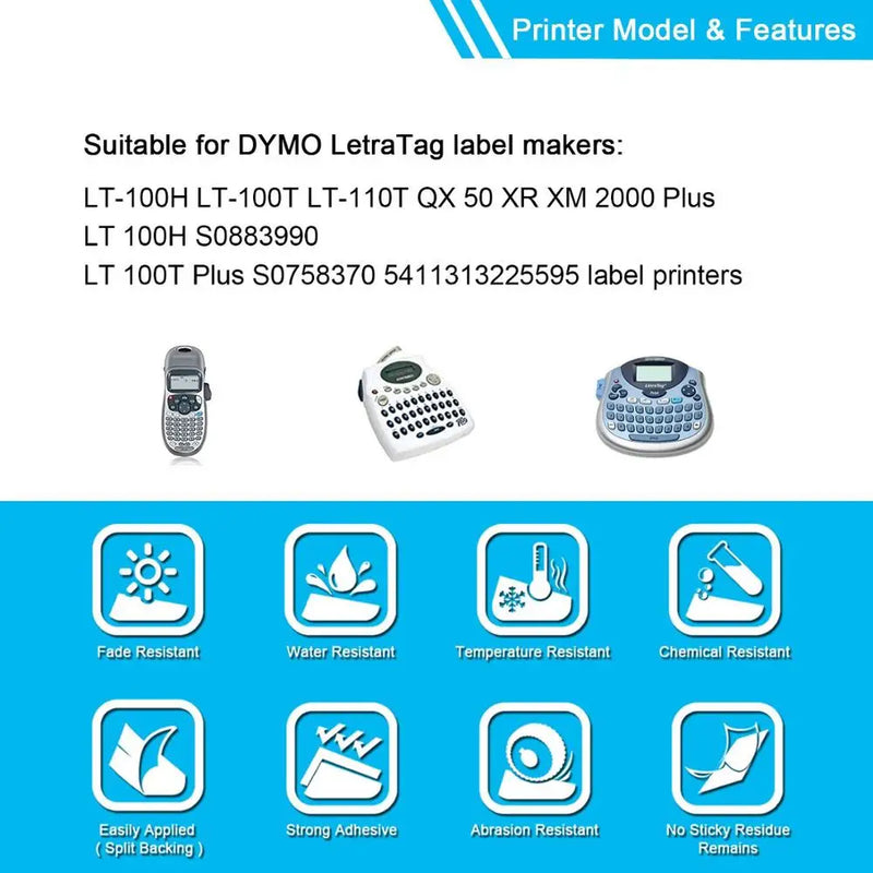 Compatible for DYMO LetraTag Label Tape plastic 12mm 91200 Dymo Spare Part Typewriter LT100H 100T Label Machine Adhesive Printer