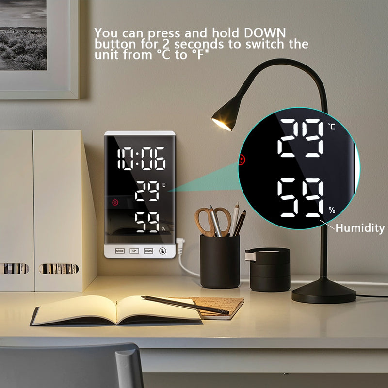 6 Inch LED Mirror Alarm Clock Touch Button Wall Digital Clock Time Temperature Humidity Display USB Output Port Table Clock