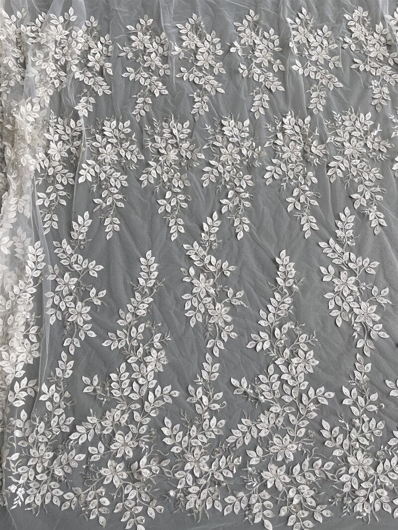 Ivory Luxury Beaded Applique Bridal Lace Fabric Silver Embroidery Flowers and Leaves Sequins High-end Dress Fabric Lace RS3104