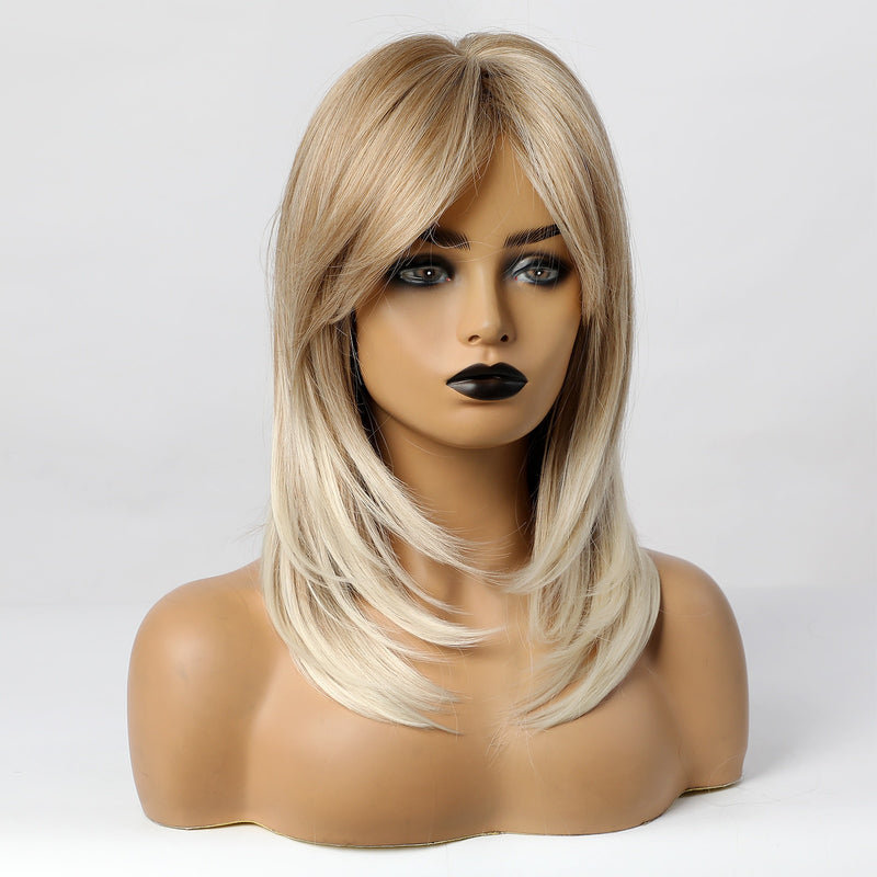 LOUIS FERRE Ombre Blonde Synthetic Wig with Bangs for Women Medium Length Layered Straight Bob Wigs Heat Resistant Daily Use Wig