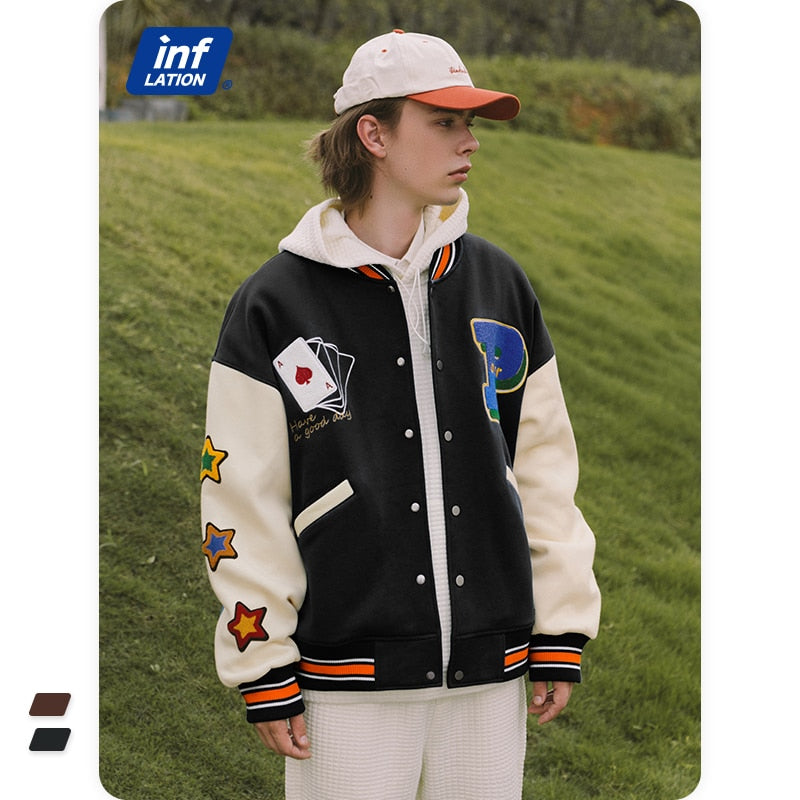 INFLATION Streetwear Vintage Baseball Jacket Men High Quality Towel Embroidery Jacket Couple Fleece Bomber Coat