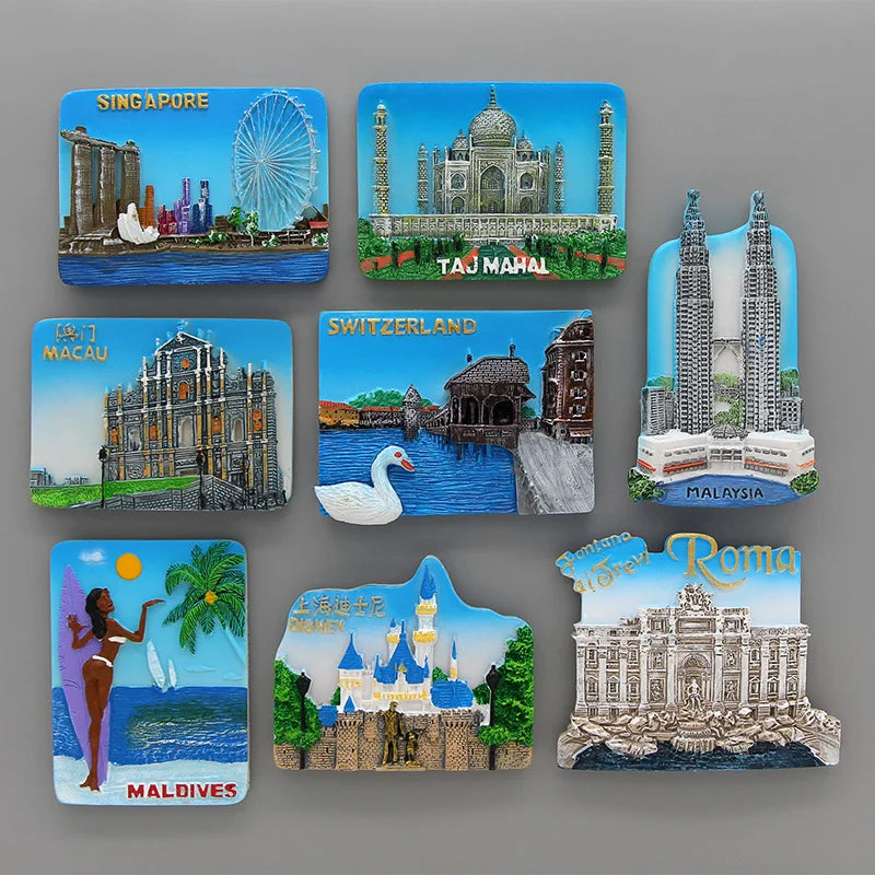 Macao malaysia maldives roma china Shanghai Disneyland Singapore switzerland Taj Mahal india 3d fridge magnets home decoration