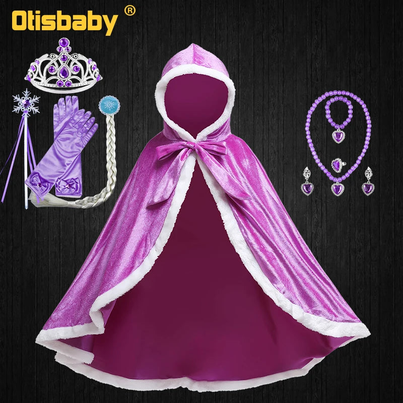 Children Snow Queen Anna&Elsa Girls Velvet Cloak Hooded Christmas Fairy Cinderella Rapunzel Aurora Belle Princess Dress Up Cape