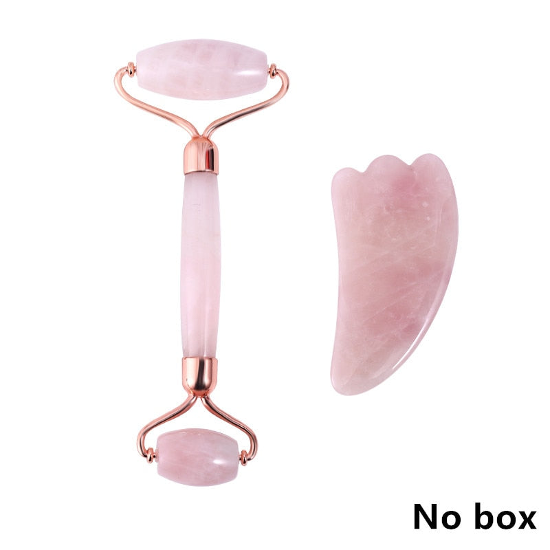 Rose Quartz Roller Massager Tool Natural Stone Facial Massager Jade Roller Microneedle Roller Jade Spatula Skin Care Kit Box