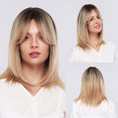 JONRENAU Middle Long Straight Hair with Bangs Ombre Brown to Blonde Wig Dark Roots Synthetic Wigs for Women Heat Resistance Hair