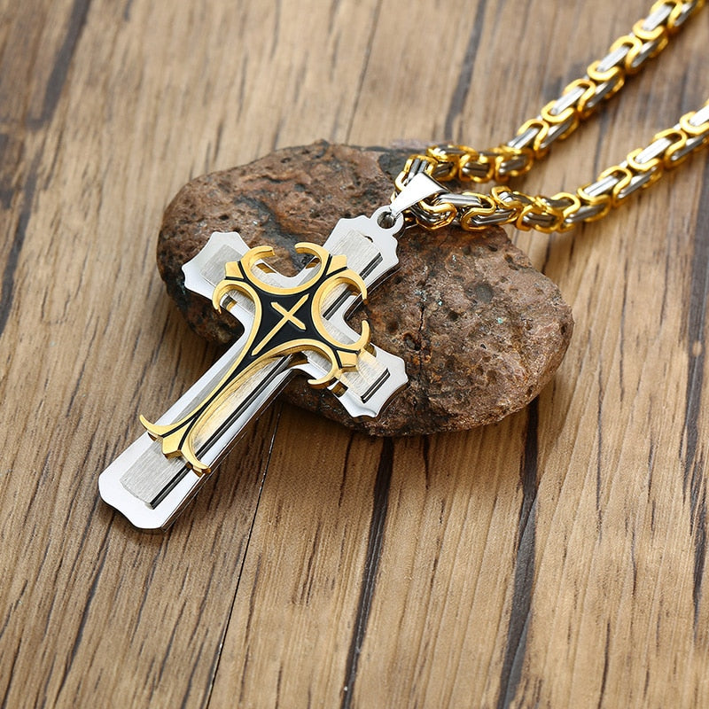 Vnox Cross Necklace For Men Byzantine Gold Color Stainless Steel Chain Catholic Crucifix Pendant Male Punk Rock Ornaments