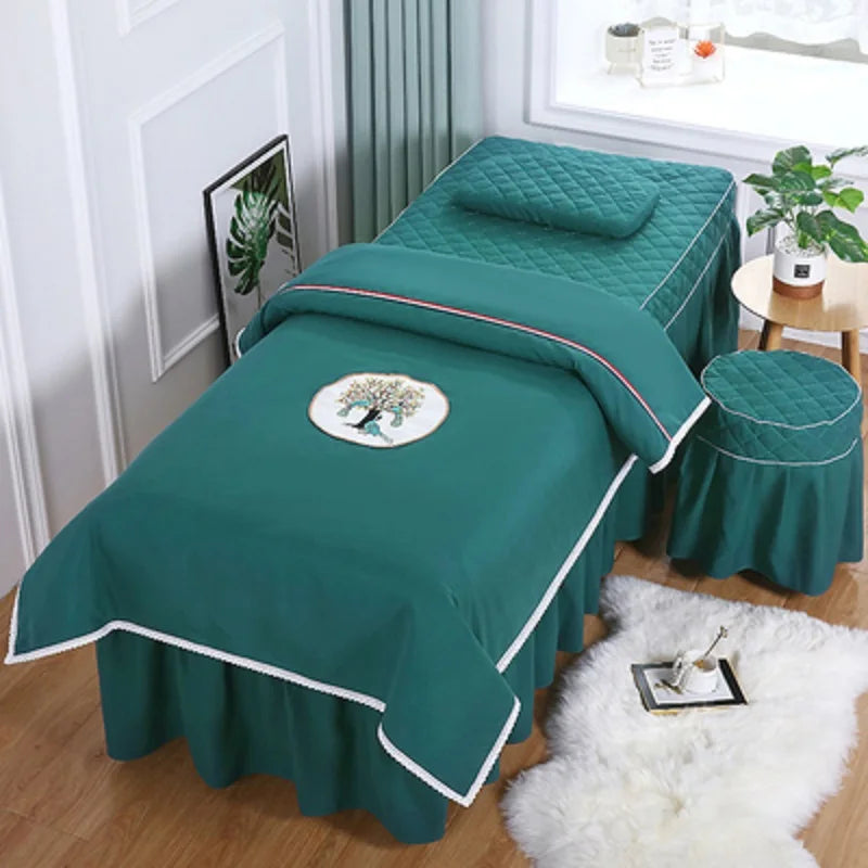 Embroderied 4pcs Bedding Sets for Beauty Salon Tuina Massage Spa Bed Sheets Bed Cover Pillowcase Stoolcover Duvet Cover Sets