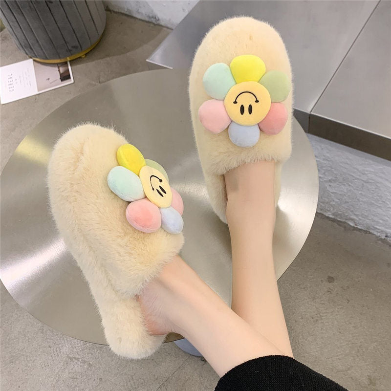 Sun flower Slippers Women Slippers Furry Fluffy Flat Shoes Winter Home Slippers Fashion Comfortable Slip Lazy Thick Fur Slides