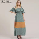 5XL Plus Size Boho Dress Women 2019 Summer Ruffles Slash Neck Cold Shoulder Beach Dress Floral Print Contrast Maxi Long Dresses