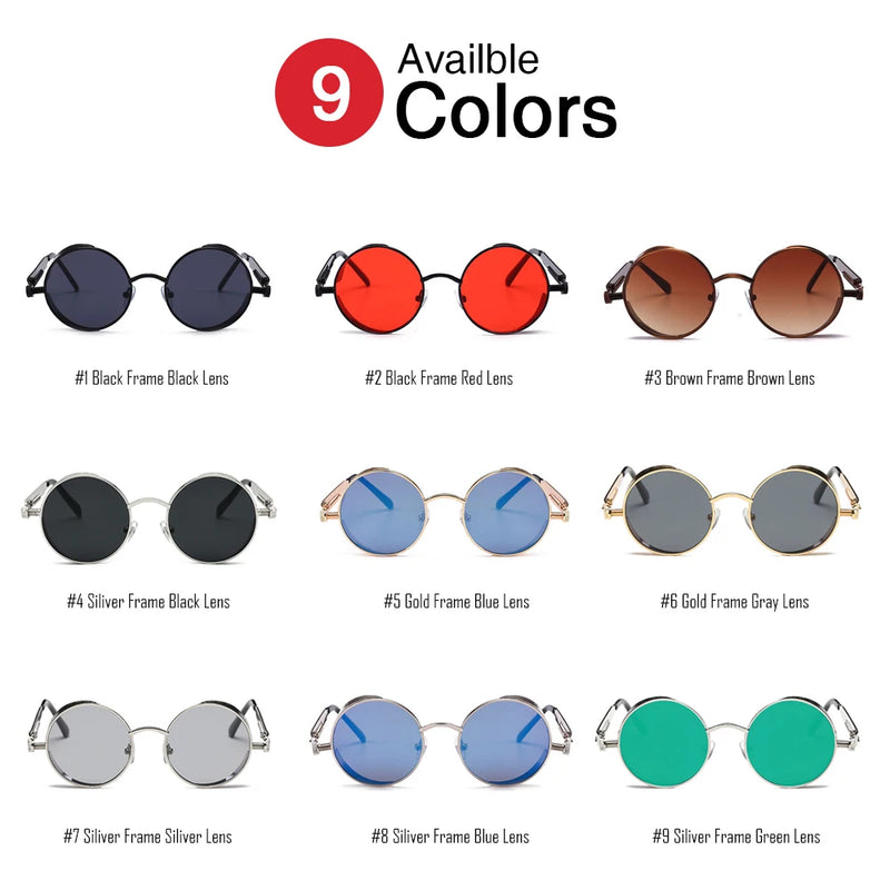 VIVIBEE Vintage Steampunk Red Sunglasses Men Round Punk Alloy Metal Retro Sun Glasses Women 2024 Goggles Gothic Style Shades