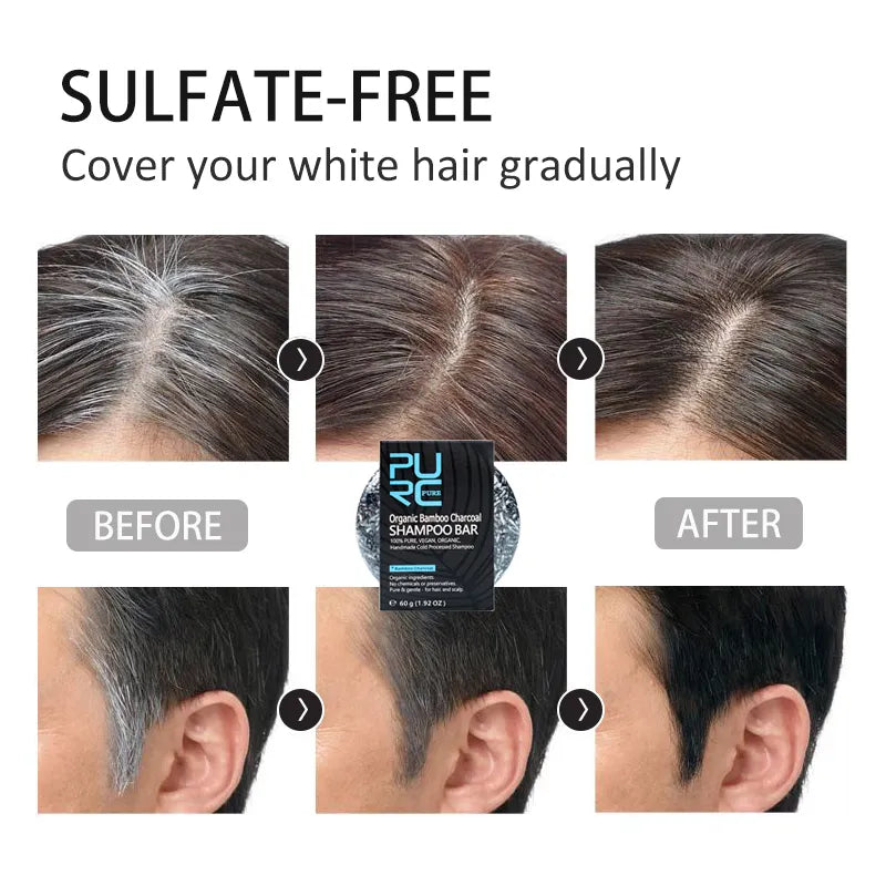 PURC Organic Bamboo Charcoal Shampoo Bar Pure Reduce Gray White Hair Deep Cleaning Repair Damaged Anti-Frizzy Soap Hair Care