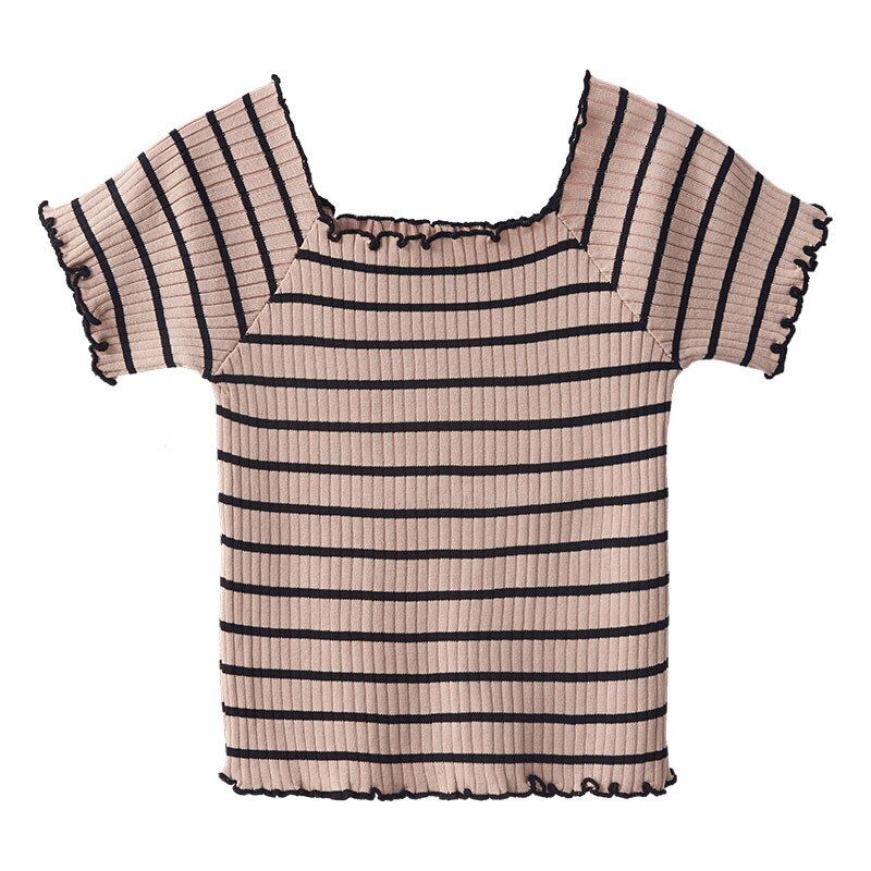 HELIAR Women T-Shirts Knitting Stripes Off Shoulder Flounce Hem Tees Women Short Sleeve T-Shirt Cute Crop Tops Women 2023 Summer