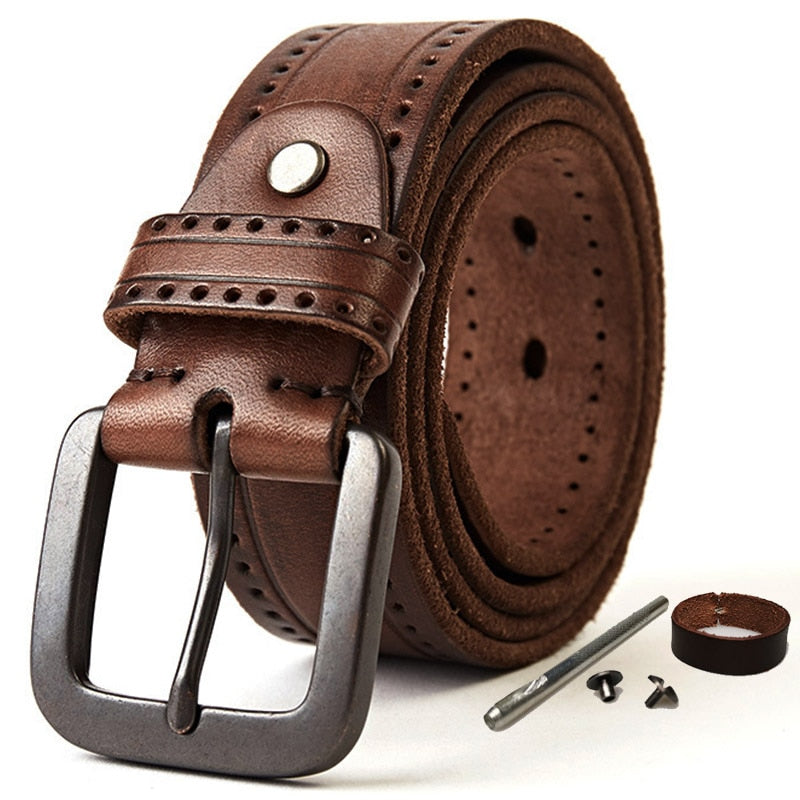 MEDYLA Natural Leather Belt Men&#39;s Hard Metal Matte Buckle Men&#39;s Original Leather Belt 105-150cm Jeans Belt Screw Accessories