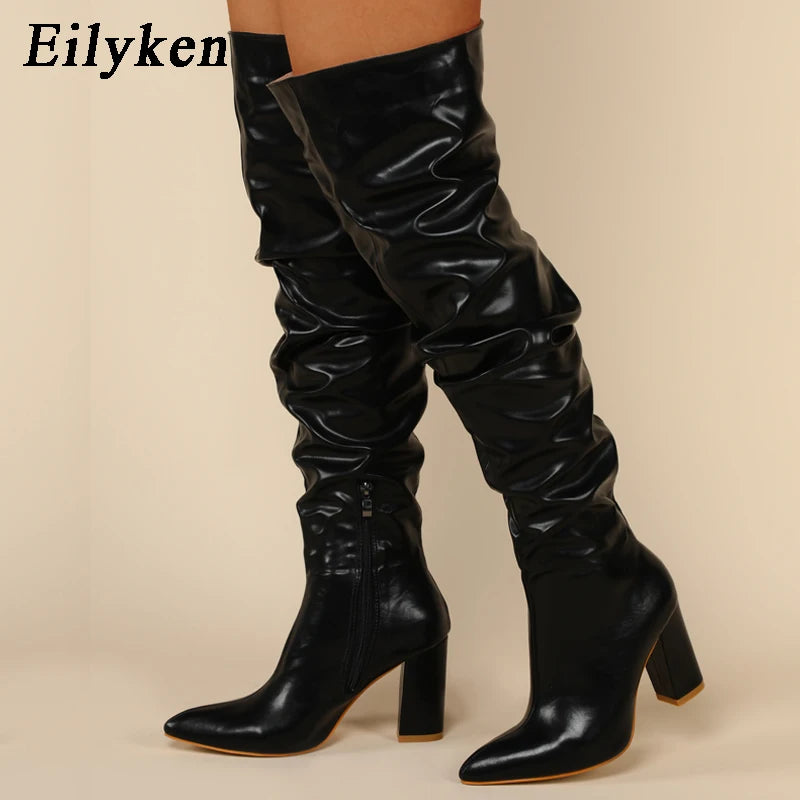 Eilyken Winter Women Over-the-Knee Boots Punk Style Square High Heel Zipper Shoes Pleated Pointed Toe Ladies Long Booties