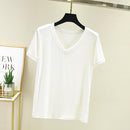 chic casual  Cotton T Shirt Ribbed Short Sleeve Women Summer Basic v-neck T shirt Loose Candy Color T-shirt Tee Female