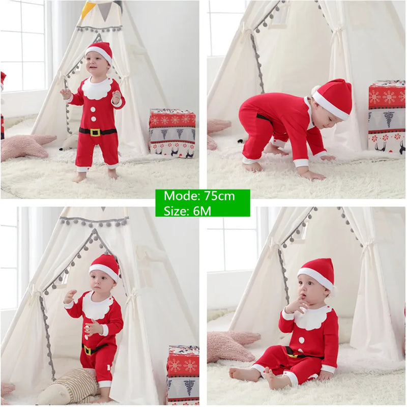 Toddler Boys Girls Rompers Kids Baby New year Costume Christmas Claus Red Jumpsuits + Hats 2pcs Cotton Outfits For Newborn 0-24M