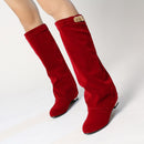 Women Boots Buckle Belt Flock Leather Low Heel Women's Boot Autumn Winter Loose Shoes Female Black Booties knee high Boots 33-43