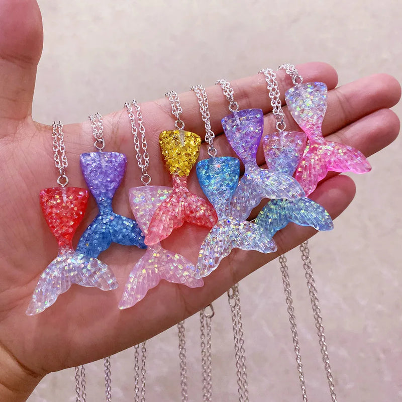 8Pcs Set Fashion Colourful Gradient Mermaid Tail And 8 Color Shimmery Fish Scale Charm Necklace Choker For Women Girls Jewelry