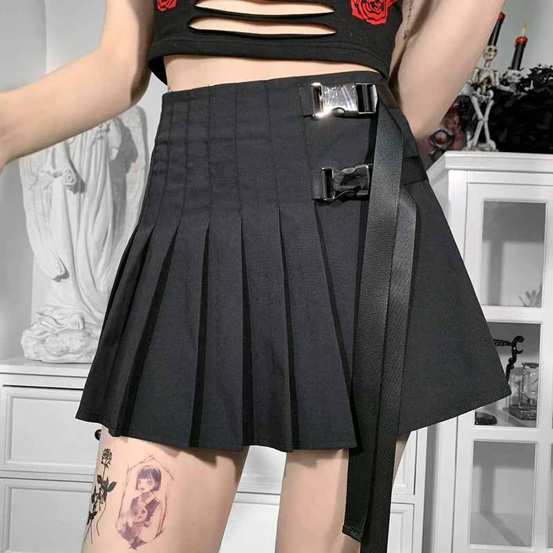Punk Harajuku Mini Skirt Sexy Y2K Grunge Gothic Black Lace High Waist Pleated A-line Skirt 90s Vintage Women E-girl Clothes