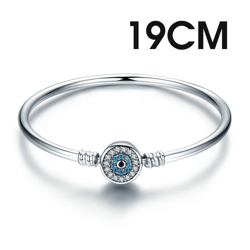 BISAER 100% 925 Sterling Silver Basic Snake Chain Zircon Bracelets Blue Demon Eye Bracelet & Bangles Charm Sizes 17–21 Jewelry