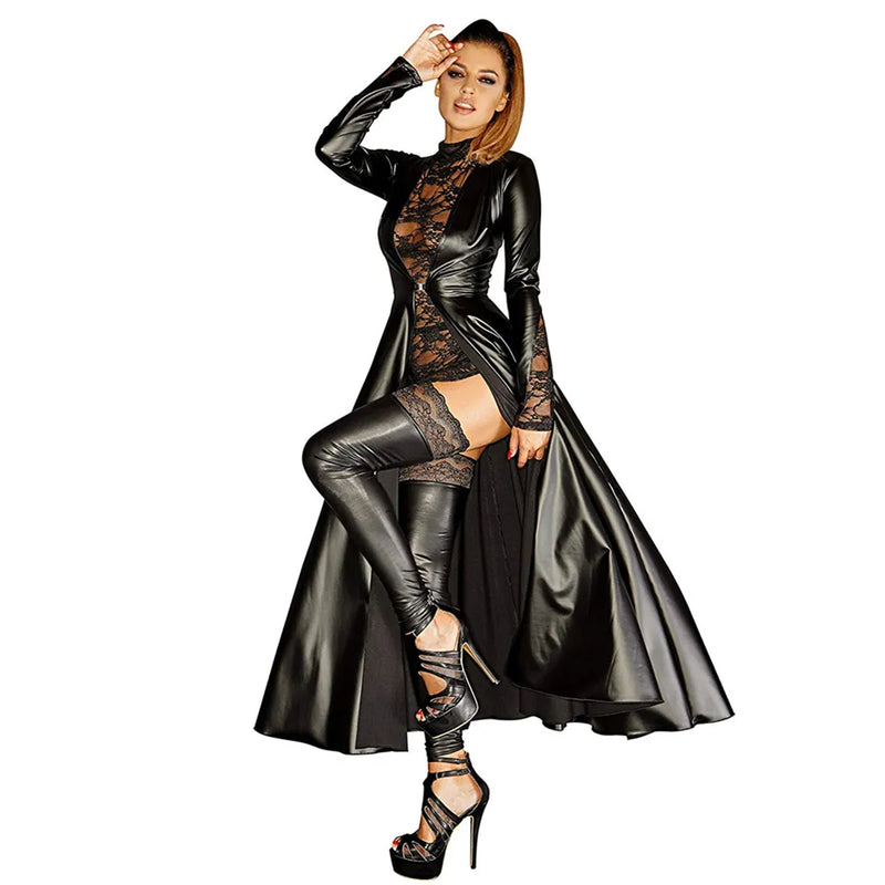 Wetlook Faux Leather Trench Long Dress for WomenPunk Dress Black Vinyl Long Dovetail Cloak Clubwear Plus Size