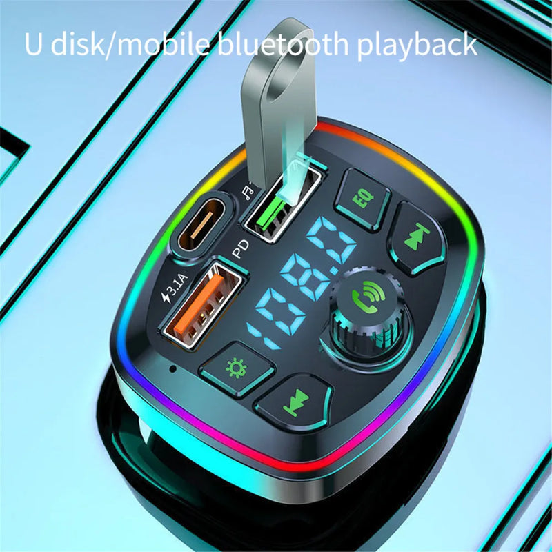 Car Bluetooth 5.0 FM Transmitter PD 18W Type-C Dual USB 4.2A Fast Charger LED Backlit Atmosphere Light MP3 Player Lossless Music