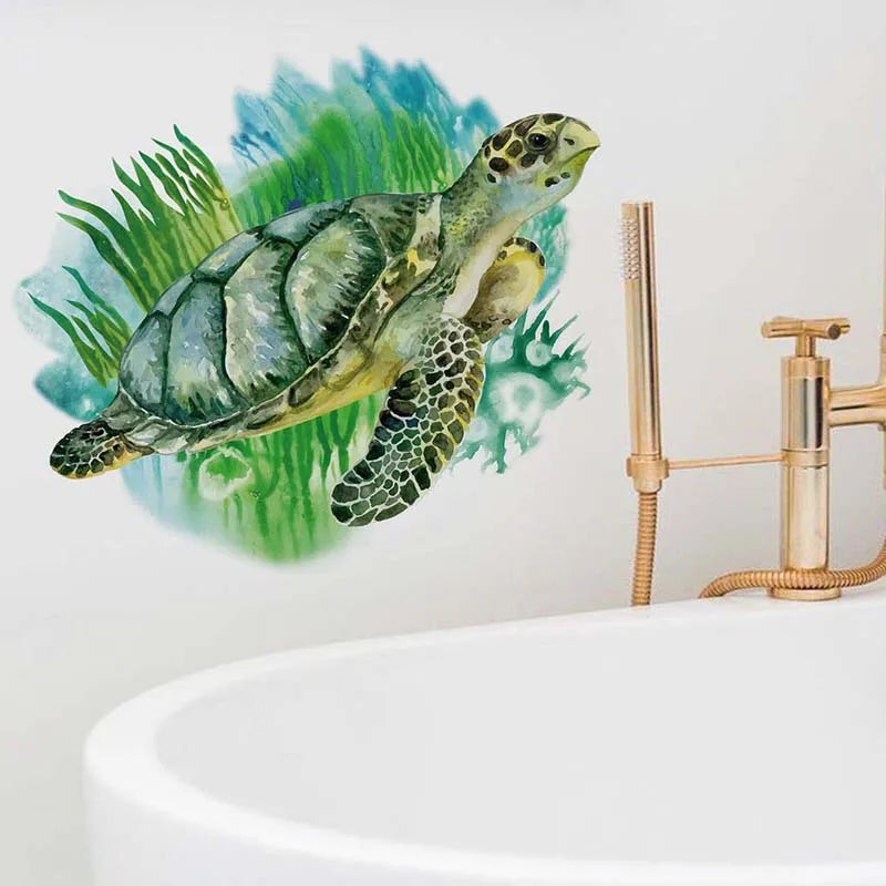 Seaweed Sea Turtle Wall Sticker Bathroom Living Room Background Decorations Wallpaper Creative Animals Self Adhesive Stickers