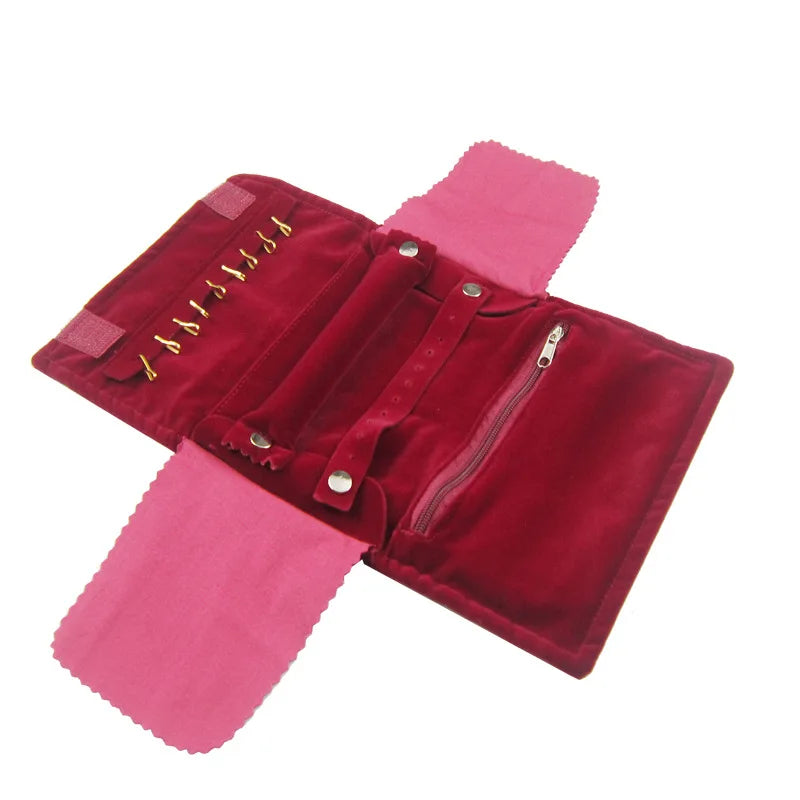 Elegant Velvet Jewelry Organizer Roll Travel Zipper Bag Carrying Case For Multiple Necklace Ring Earrings Storage Desktop Drawer