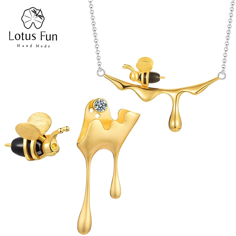 Lotus Fun Real 925 Sterling Silver Handmade Designer Fine Jewelry 18K Gold Bee and Dripping Honey  Jewelry Set for Women Gift