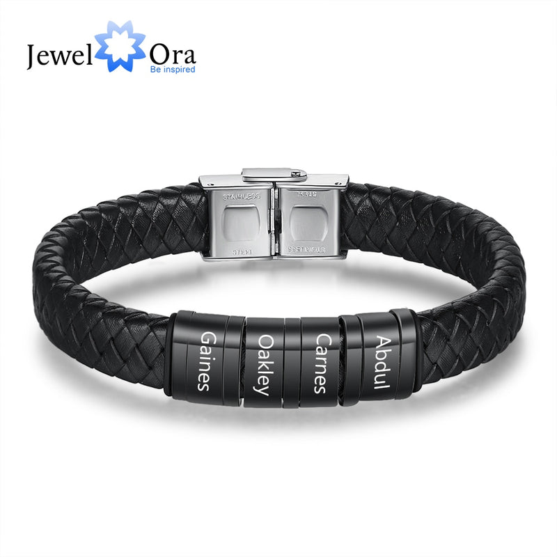 JewelOra Personalized Men Braided Leather Bracelets with Custom Beads Engraved Family Name Stainless Steel Bracelets for Men Dad