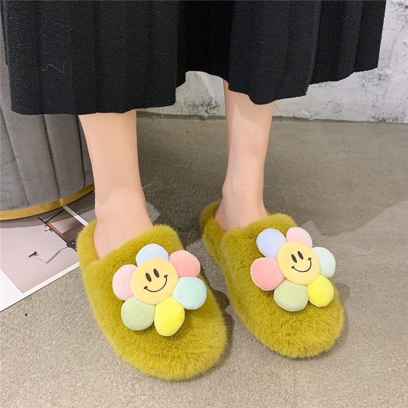 Sun flower Slippers Women Slippers Furry Fluffy Flat Shoes Winter Home Slippers Fashion Comfortable Slip Lazy Thick Fur Slides