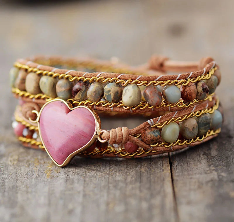 Luxury Heart Shape Wrap Bracelets W/ Jaspers Crystal 3 Strands Leather Chain Bracelet Fashion Jewelry Bijoux Dropshipping