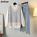 Women's Spring Autumn Fashion 3 Pieces Outfits 2023 Student Korean Casual Shirts+Sweater Vest+Straight Jeans Set Lady Streetwear