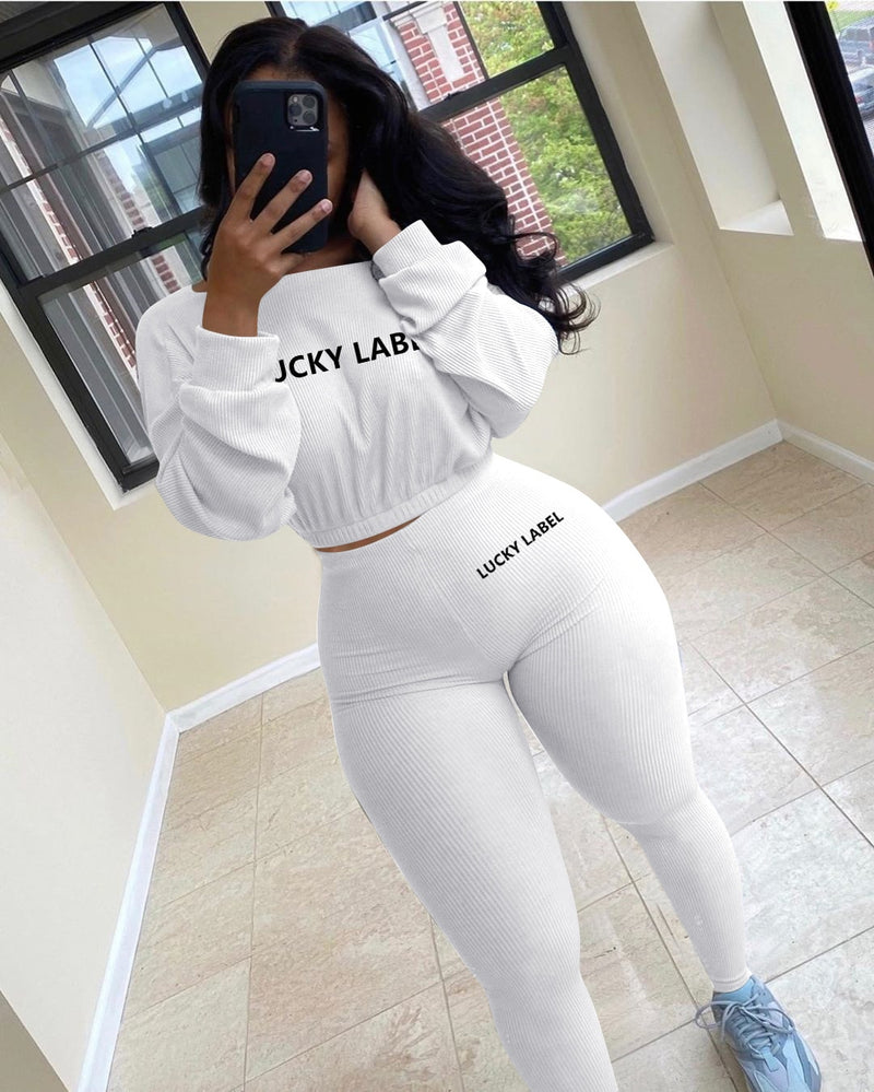 Letter Printed Embroidery Women Two Piece Ribbed Tracksuits Fall Spring Long Sleeve Sweatshirt and Skinny Pants Set