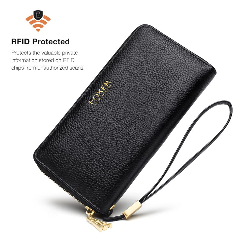FOXER Women Split Leather Wallet Female Long Clutch Bags with Wristlet Lady Card Holder Wallets Coin Purse Cellphone Bag 256001F