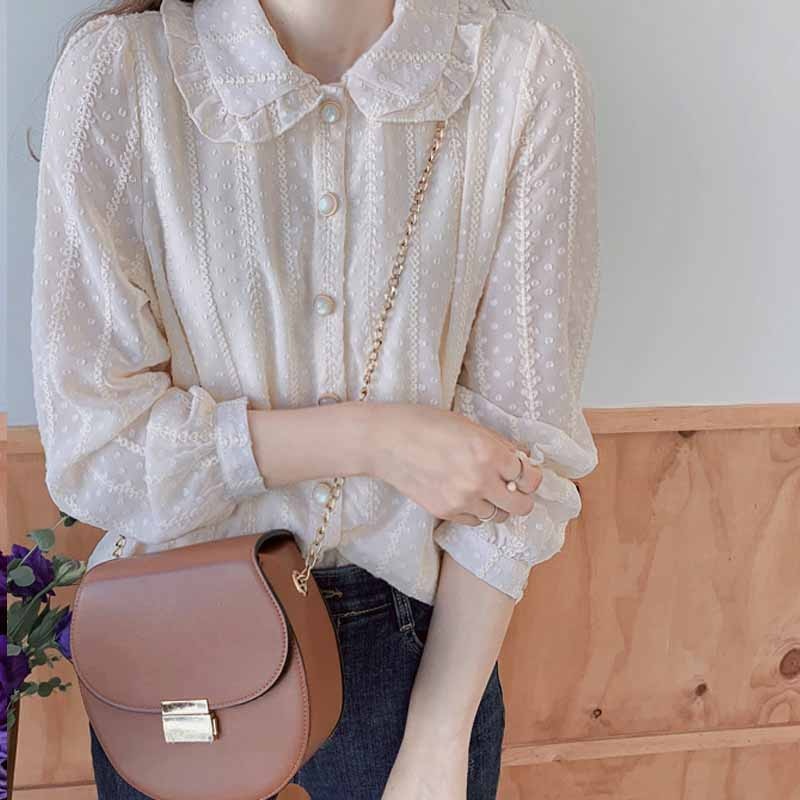 Doll Collar Sweet Chiffon Shirts Women Blouses 2023 Autumn Long Sleeve Fashion Dot Shirt Blusas Ladies Casual Tops 3XL 10351