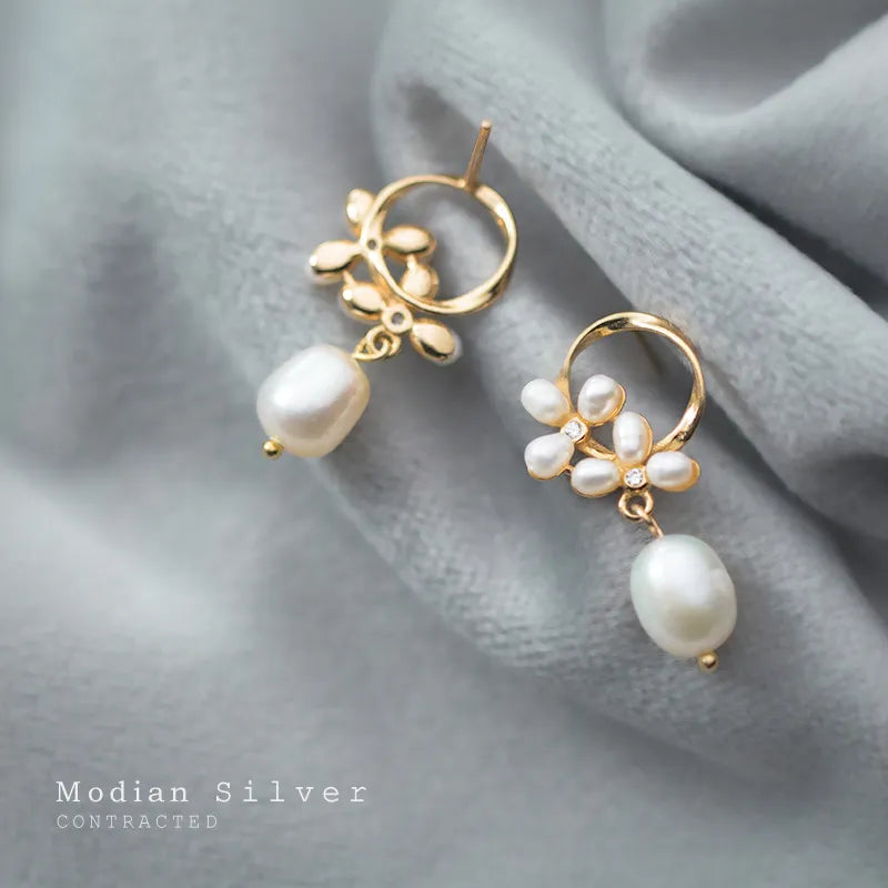 Modian Authentic 925 Sterling Silver Pearl Flower Shape Earring for Women Luxury Gold Color Hoop Earring Fine Jewelry Brincos