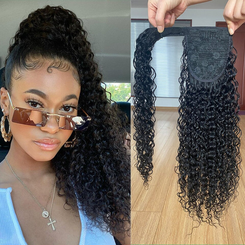 Kinky Curly Wrap Around Ponytail Human Hair Brazilian Magic Paste Pony Tail Extensions Hairpieces For Women Remy Hair