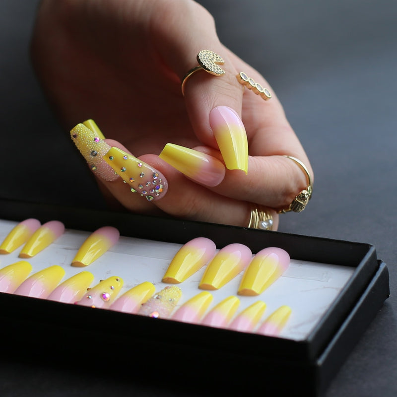 Lemon Yellow French ombre coffin shiny gel fake nails Rhinestone glossy Ballet nails false nail crystal art design caviar match